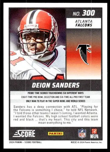 Original gloss Deion Sanders football card featuring mint Falcons from 2024 Score #300