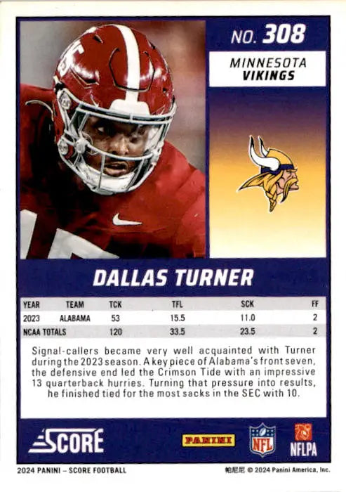 2024 Score #308 Dallas Turner - Football Card Single