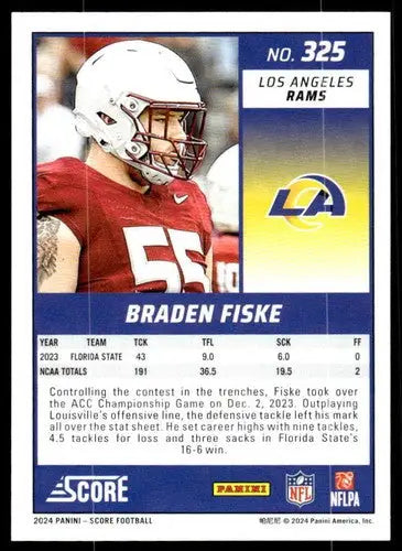Braden Fiske 2024 Score Rookie Card with original gloss, mint RC rookie Rams