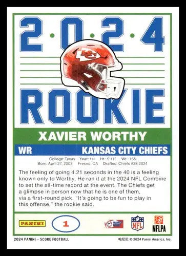 2024 Score 35th Anniversary Rookie #1 Xavier Worthy NM-MT Chiefs ID:75481 - Football Card Single