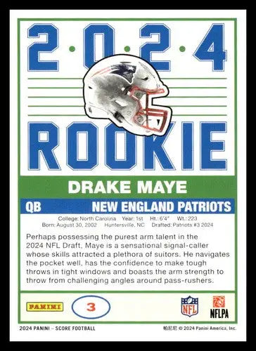 2024 Score 35th Anniversary Rookie #3 Drake Maye NM-MT Patriots ID:75482 - Football Card Single