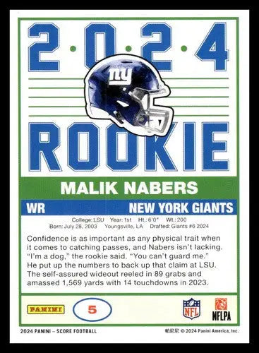 Original gloss of Malik Nabers rookie football card from Score 35th Anniversary series