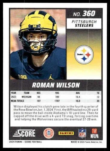 2024 Score #360 Roman Wilson NM Near Mint RC Rookie Steelers ID:75993 ID:75993 - Football Card Single