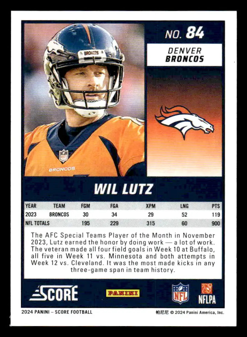 2024 Score #84 Wil Lutz - Football Card Single