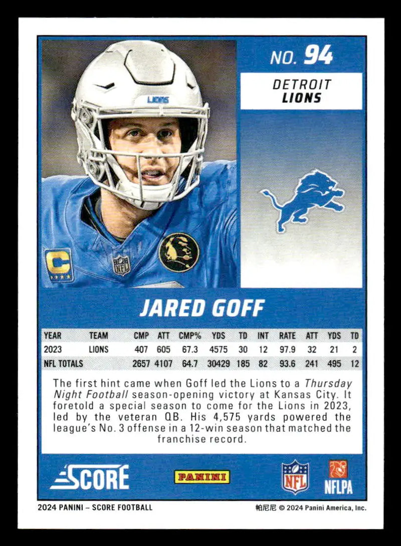 2024 Score #94 Jared Goff - Football Card Single