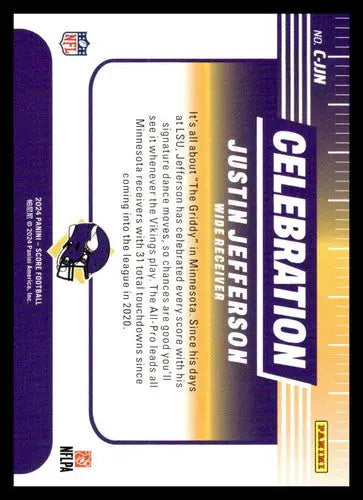 Justin Jefferson football card from 2024 Score Celebration with original gloss NM-MT