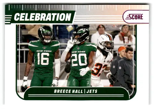 Football trading card featuring 2024 Score Celebration Pink Breece Hall NY Jets