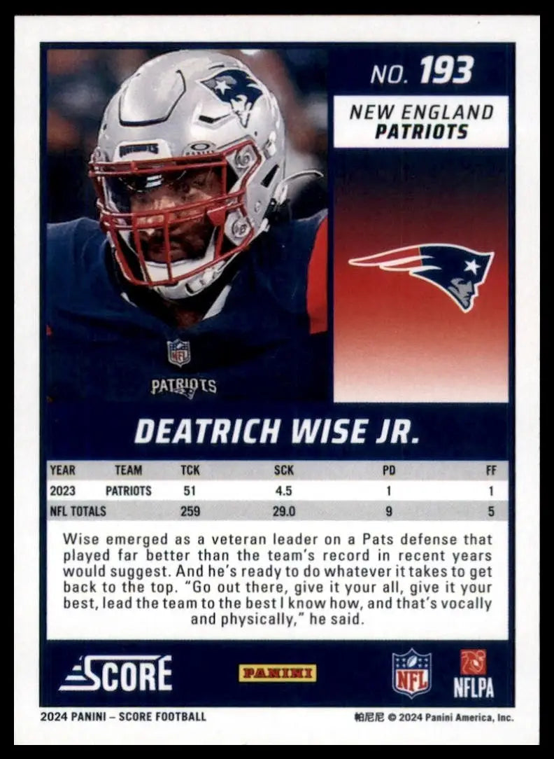 2024 Score Deatrich Wise Jr #193 New England Patriots Football Card NFL Sports - Football Card Single