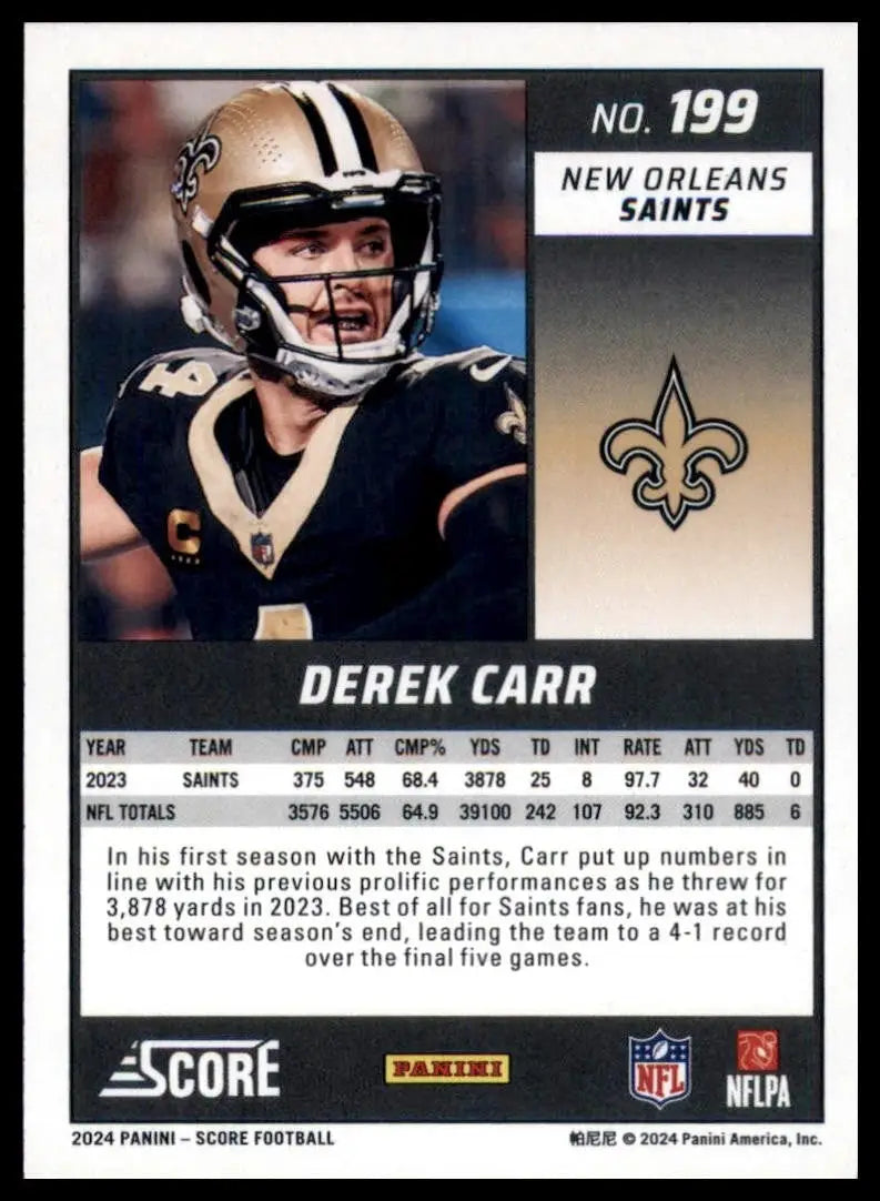 2024 Score Derek Carr #199 New Orleans Saints Football Card NFL Sports - Football Card Single