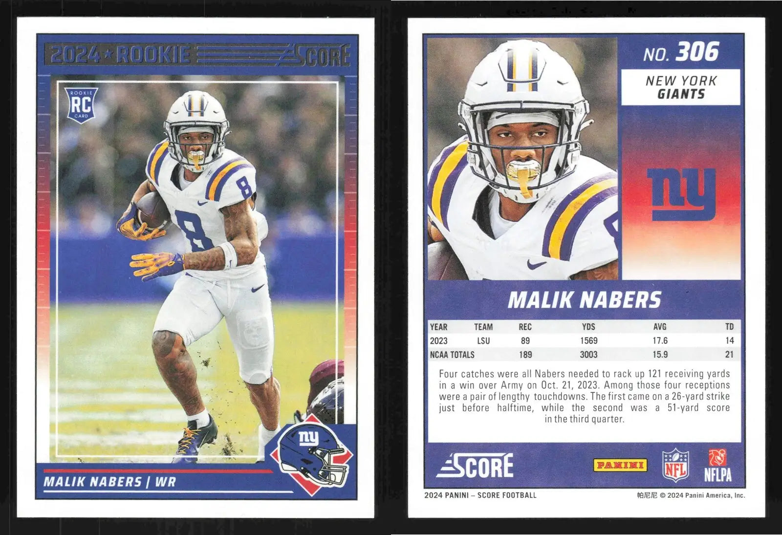 2024 Score Football MALIK NABERS #306 New York Giants RC - Football Card Single