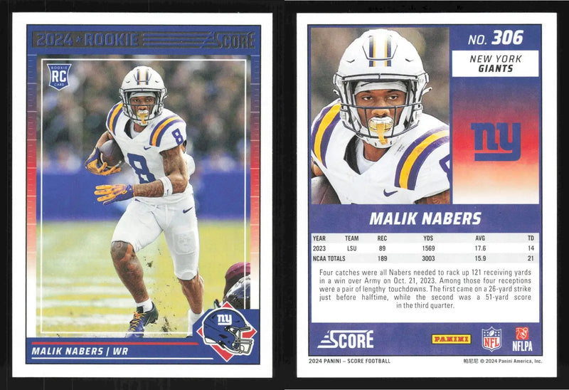 2024 Score Football MALIK NABERS #306 New York Giants RC - Football Card Single