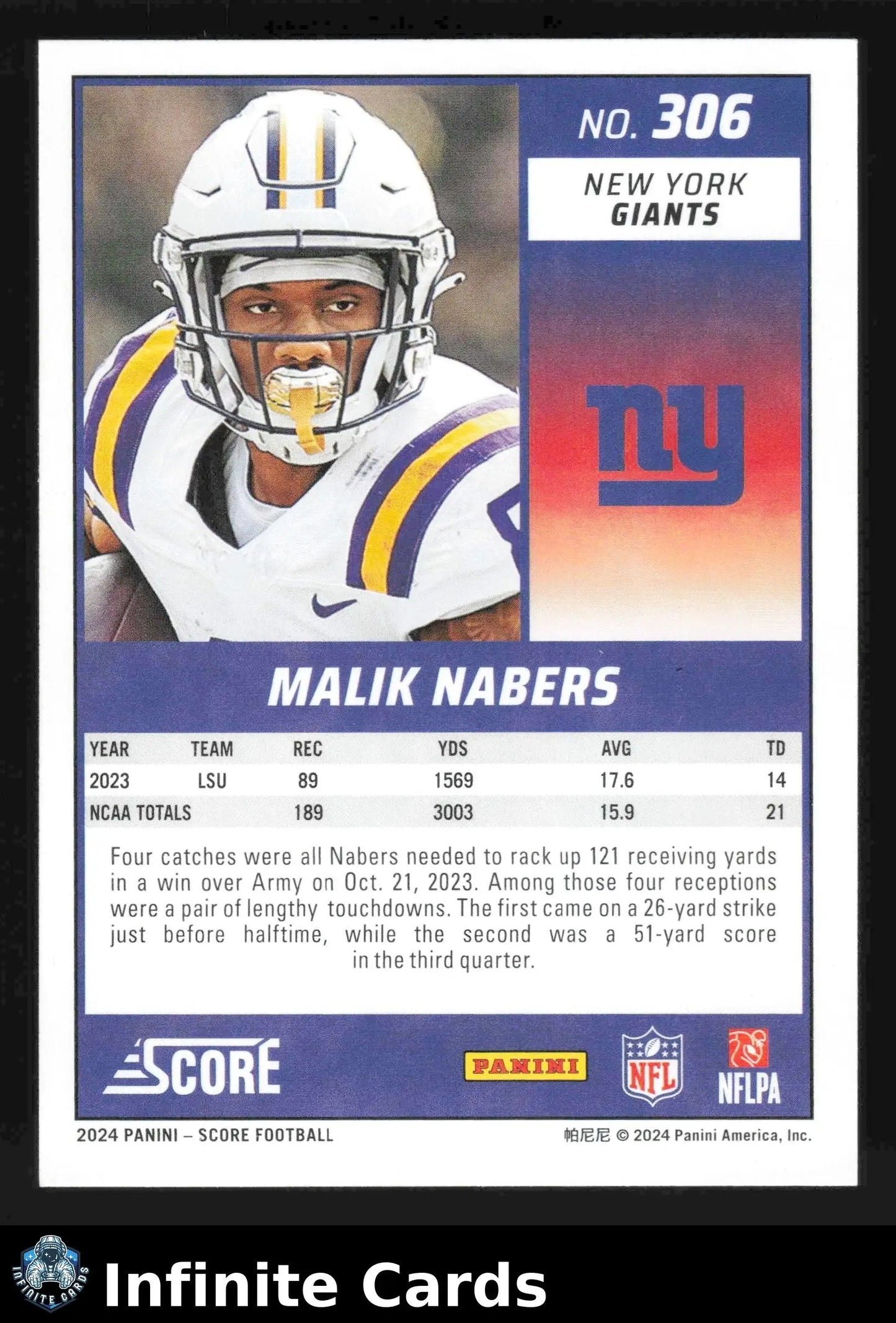 2024 Score Football MALIK NABERS #306 New York Giants RC - Football Card Single