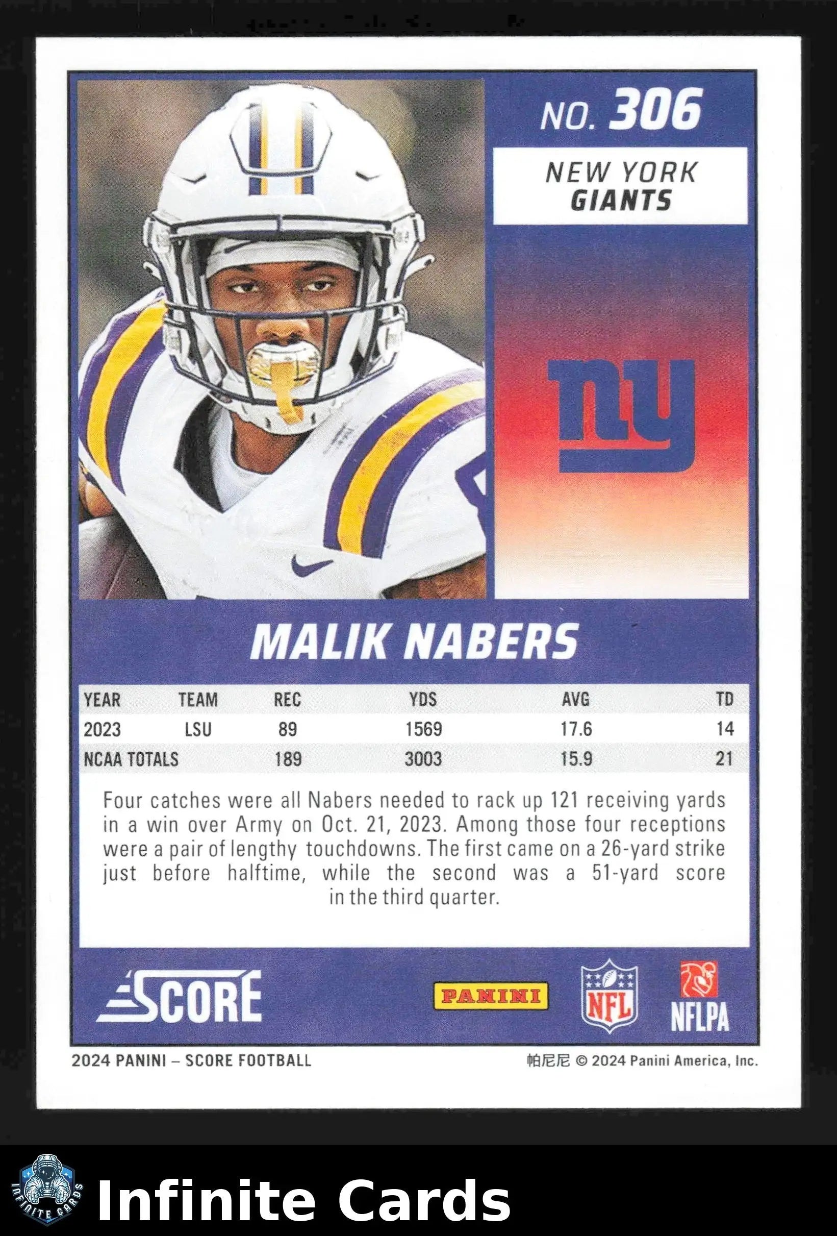 2024 Score Football MALIK NABERS #306 New York Giants RC - Football Card Single