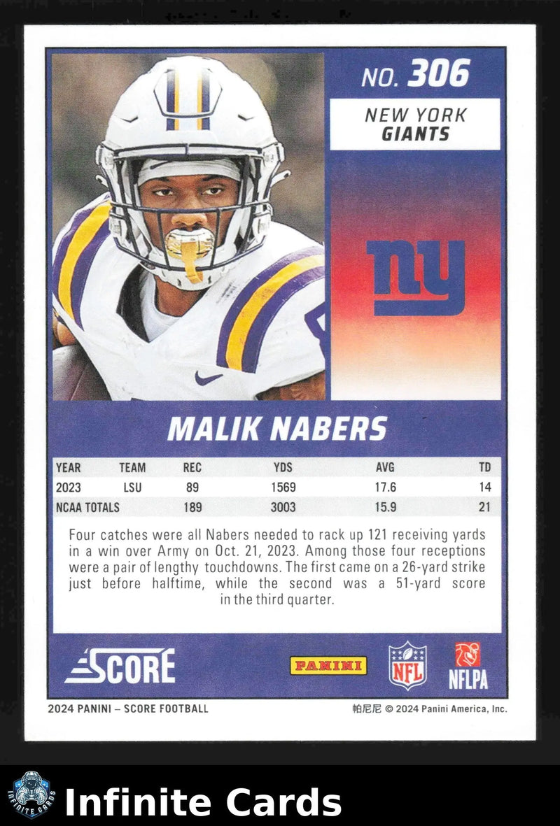 2024 Score Football MALIK NABERS #306 New York Giants RC - Football Card Single