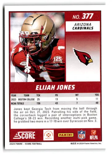 Football trading card of Elijah Jones Rookie Cardinals from 2024 Score Green set