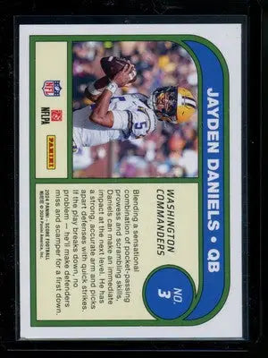 Football trading card featuring Score Jayden Daniels #3 RC football for 2024 Score Jayden series