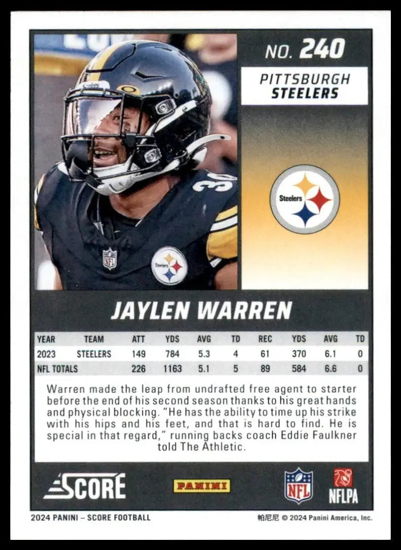 2024 Score Jaylen Warren #240 Pittsburgh Steelers Football Card NFL Sports