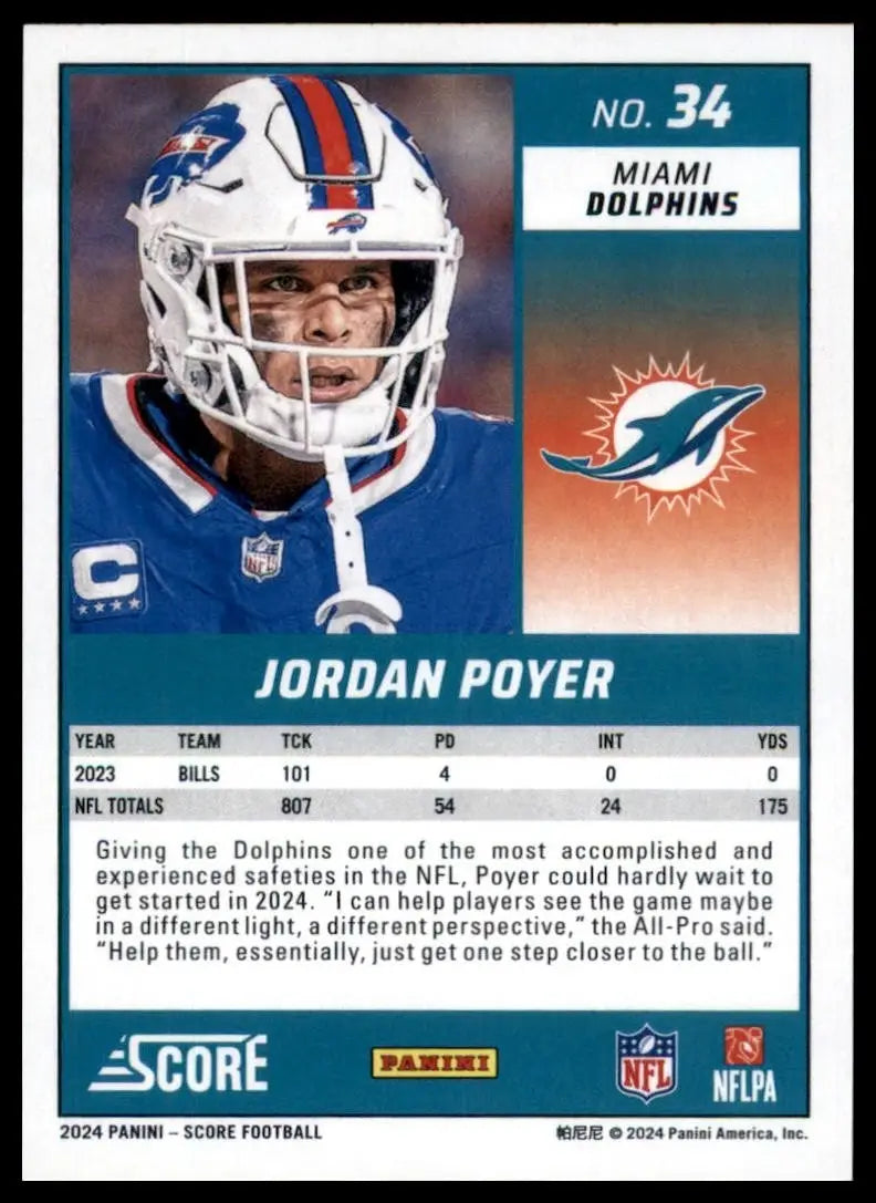 2024 Score Jordan Poyer #34 Miami Dolphins Football Card NFL Sports - Football Card Single