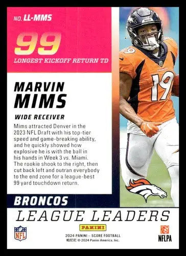 Marvin Mims football card from 2024 Score League Leaders series featuring league leaders
