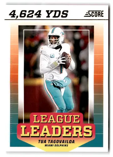 Football trading card featuring Tua Tagovailoa from 2024 Score League Leaders Gold series