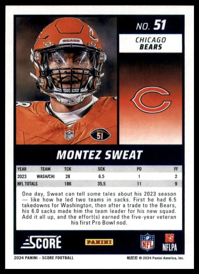 2024 Score Montez Sweat #51 Chicago Bears Football Card NFL Sports