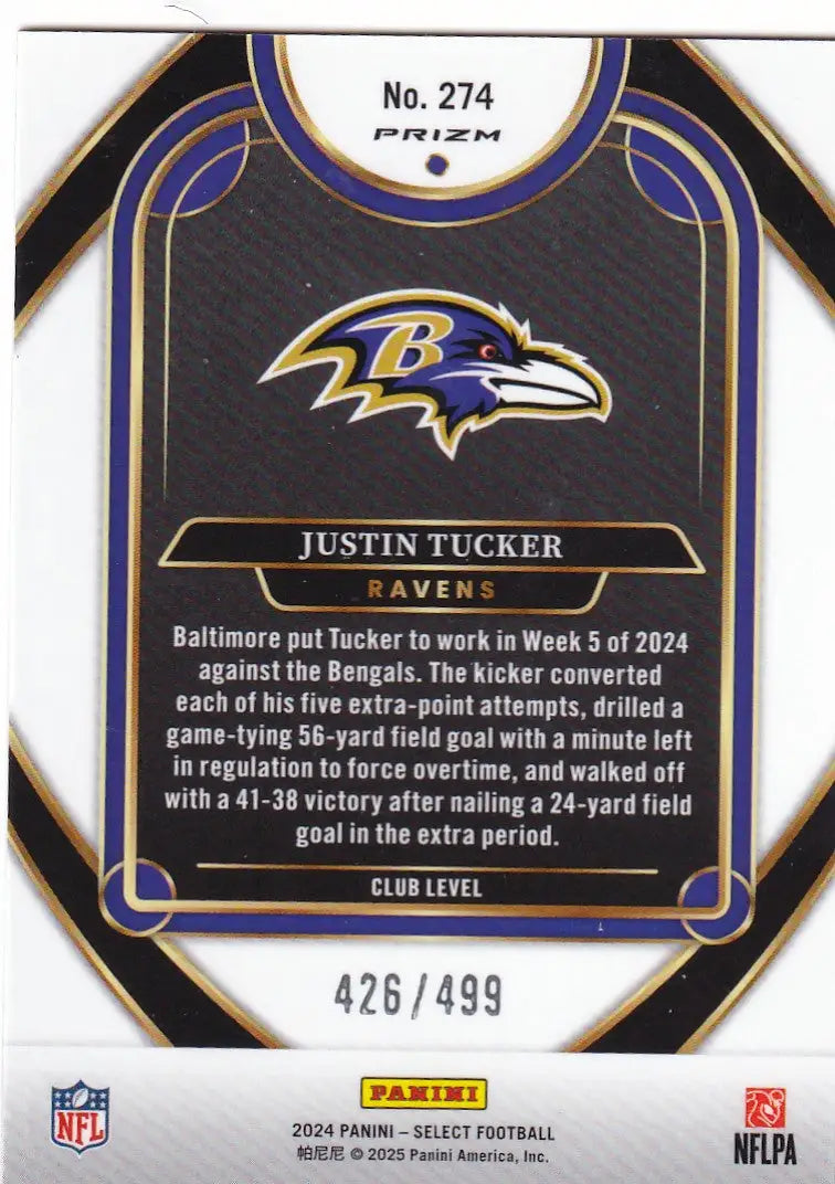 2024 SELECT #274 JUSTIN TUCKER GREEN FLASH 426/499- BALTIMORE RAVENS