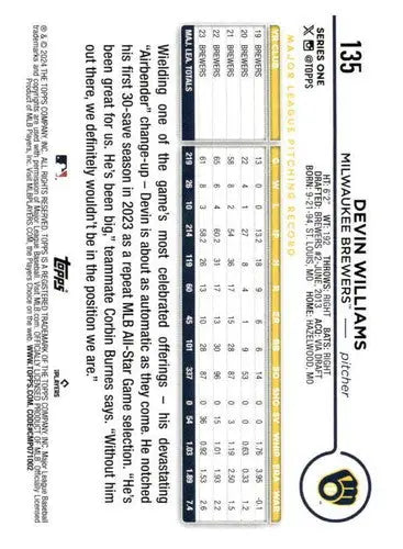 Devin Williams baseball card with original gloss from 2024 Topps #135 NM-MT Brewers
