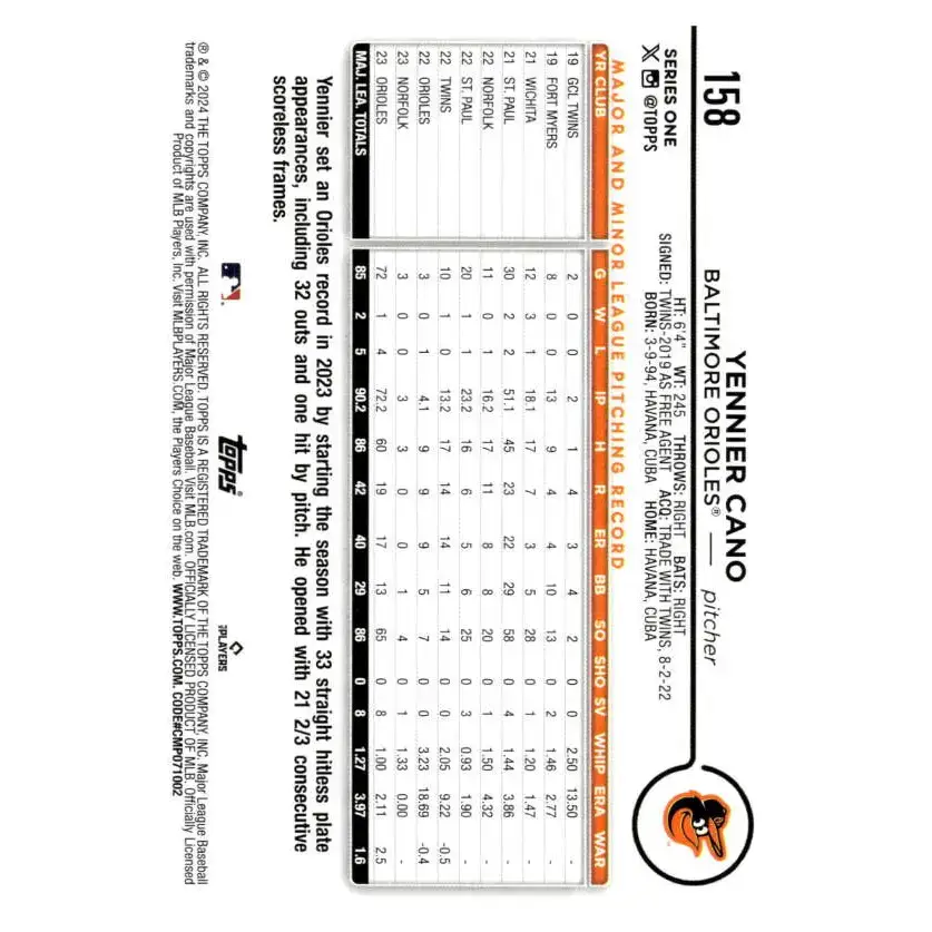 2024 Topps #158 Yennier Cano NM-MT Baltimore Orioles Baseball Card - Baseball Card Single