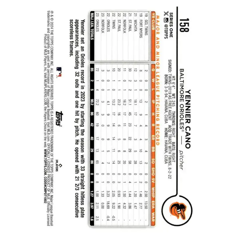2024 Topps #158 Yennier Cano NM-MT Baltimore Orioles Baseball Card - Baseball Card Single