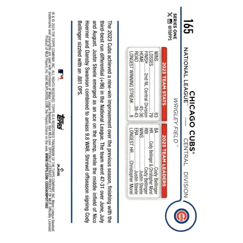 2024 Topps #165 Chicago Cubs NM-MT Chicago Cubs Baseball Card - Baseball Card Single