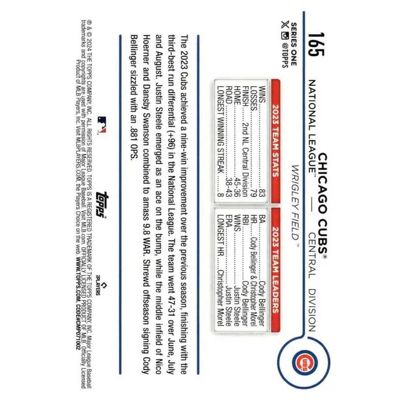 2024 Topps #165 Chicago Cubs NM-MT Chicago Cubs Baseball Card - Baseball Card Single