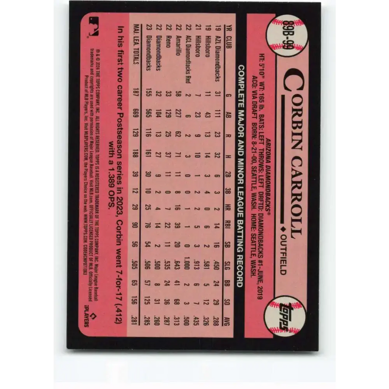2024 Topps 1989 Baseball #89B-99 Corbin Carroll NM-MT Arizona Diamondbacks Baseball Card - Baseball Card Single