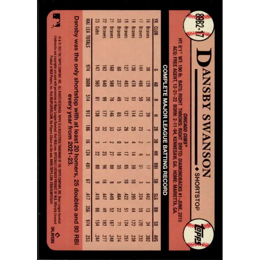 2024 Topps 1989 Baseball #89B2-17 Dansby Swanson NM-MT Chicago Cubs Baseball Card - Baseball Card Single