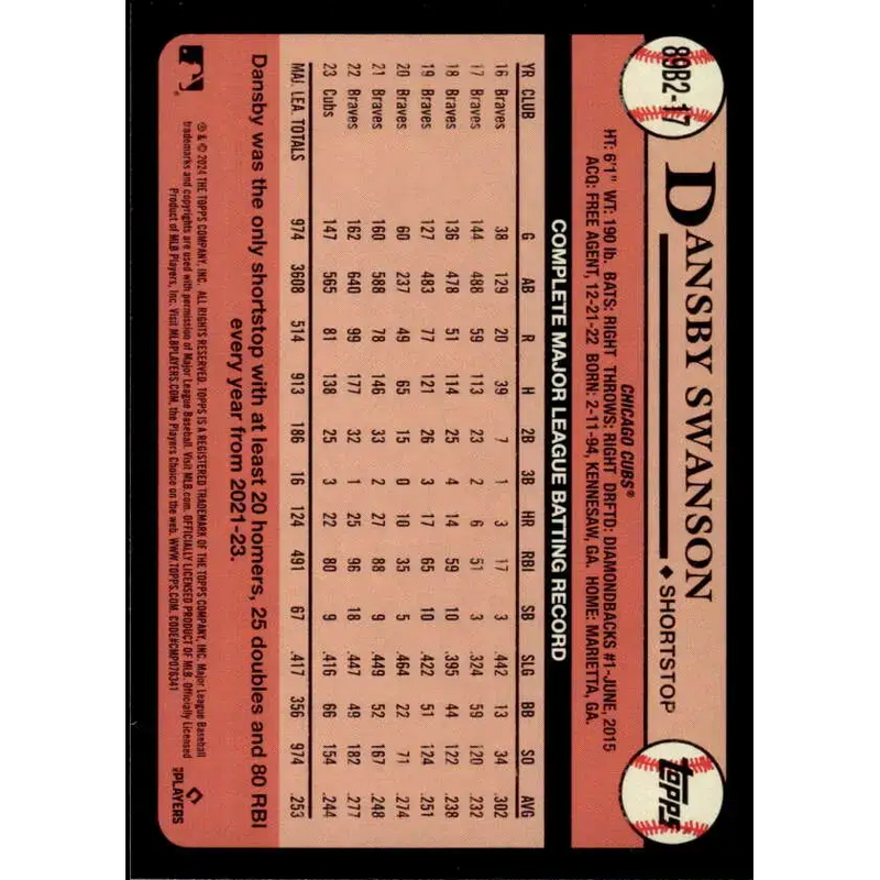 2024 Topps 1989 Baseball #89B2-17 Dansby Swanson NM-MT Chicago Cubs Baseball Card - Baseball Card Single