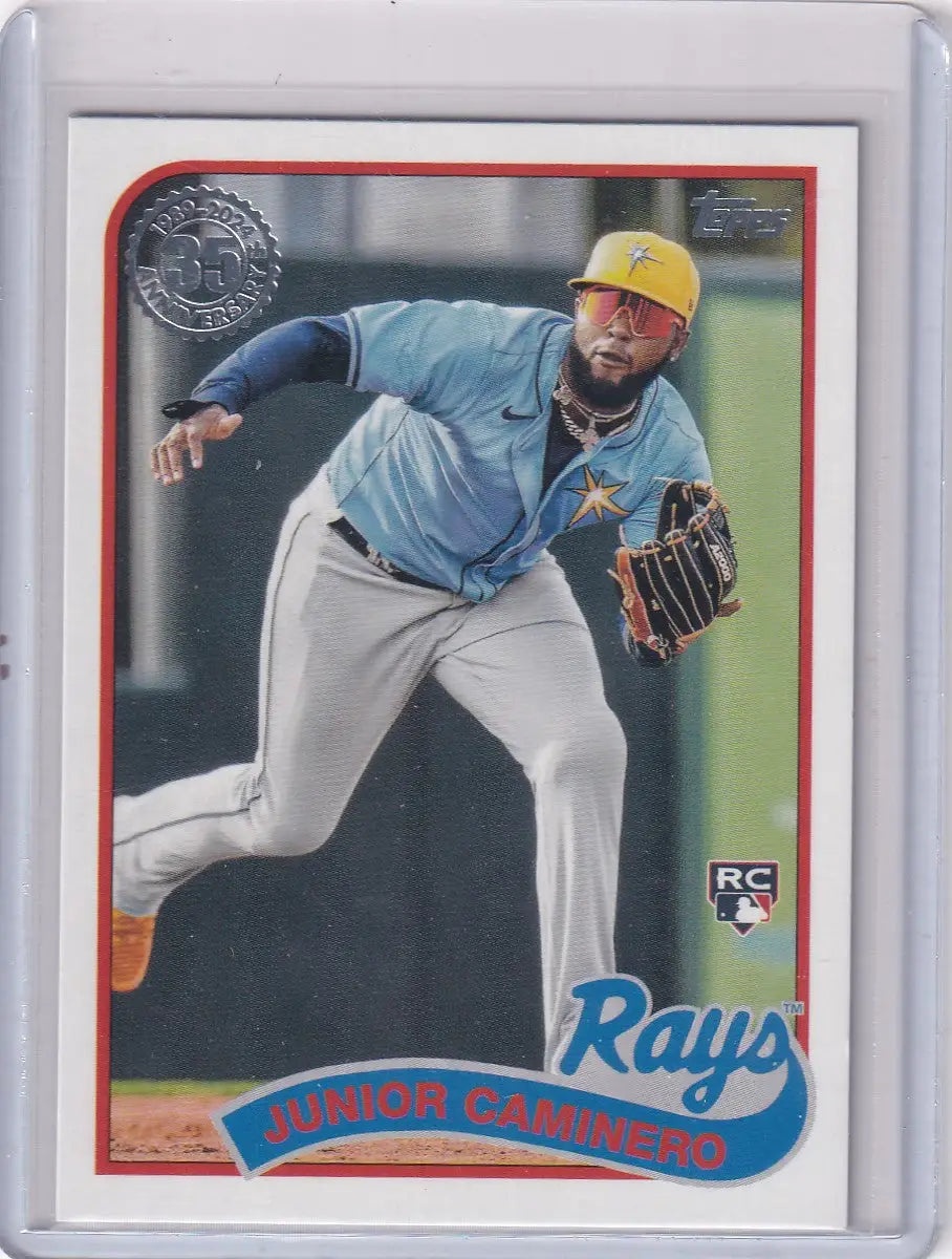 Baseball trading card of Junior Caminero in Tampa Bay Rays uniform for 2024 Topps collection