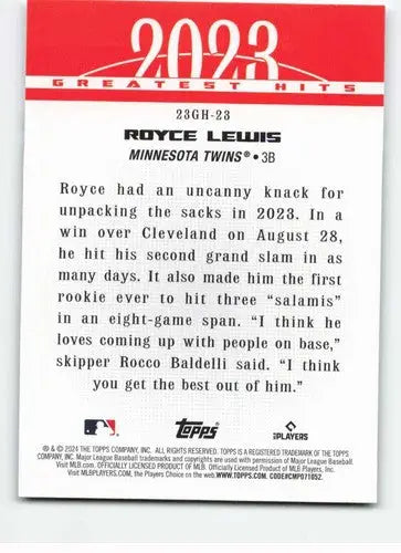 2024 Topps Greatest Hits Royce Lewis baseball card with original gloss MN-MT Twins ID 68200