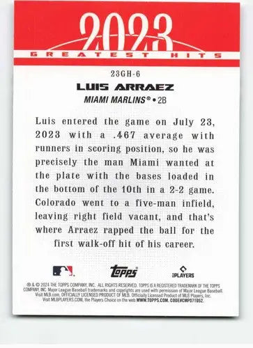 Luis Arraez baseball card from 2024 Topps Greatest Hits series with original gloss