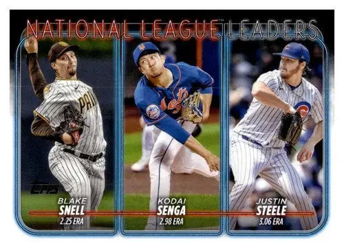 Baseball card featuring three pitchers Justin Steele, Blake Snell in 2024 Topps NM-MT league lead