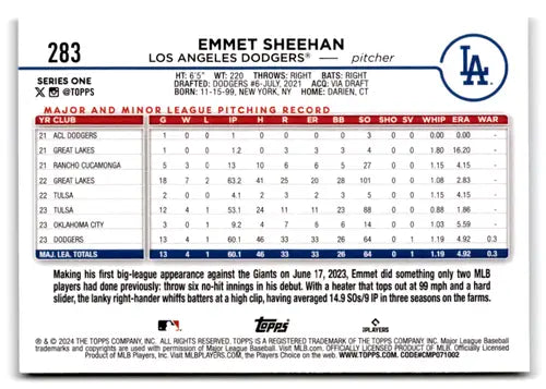 Emmet Sheehan rookie Dodgers baseball card 2024 Topps #283 original gloss NM