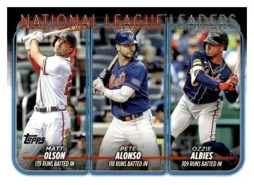 Baseball card featuring Ozzie Albies Pete Alonso and Matt Olson from 2024 Topps League Leaders