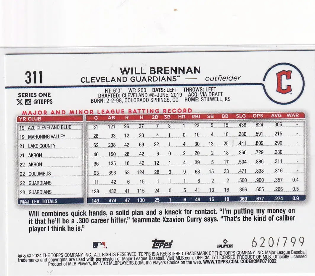 2024 TOPPS #311 WILL BRENNAN PURPLE 620/799- CLEVELAND GUARDIANS - Baseball Card Single
