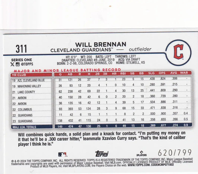 2024 TOPPS #311 WILL BRENNAN PURPLE 620/799- CLEVELAND GUARDIANS - Baseball Card Single