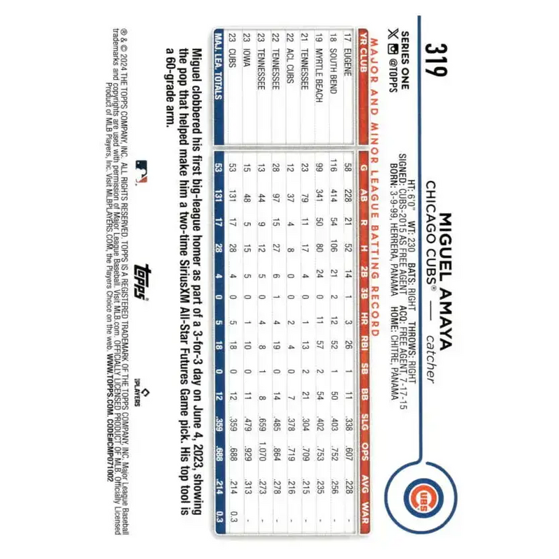 2024 Topps #319 Miguel Amaya NM-MT Chicago Cubs Baseball Card - Baseball Card Single