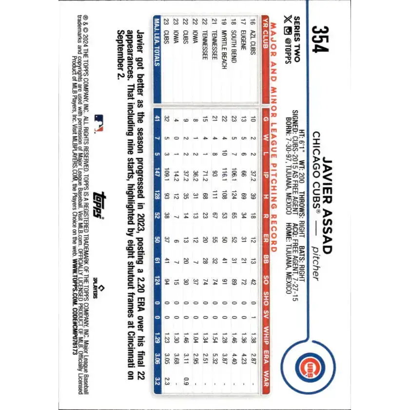 2024 Topps #354 Javier Assad NM-MT Chicago Cubs Baseball Card - Baseball Card Single