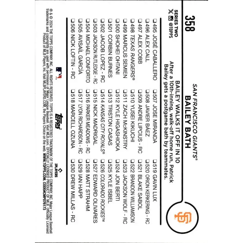 2024 Topps #358 Bailey Bath NM-MT San Francisco Giants Baseball Card - Baseball Card Single