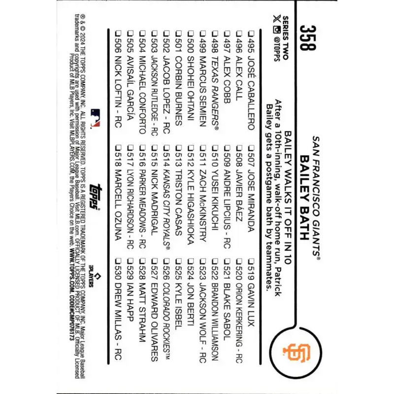 2024 Topps #358 Bailey Bath NM-MT San Francisco Giants Baseball Card - Baseball Card Single