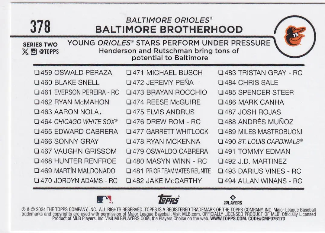 2024 TOPPS #378 BALTIMORE BROTHERHOOD- BALTIMORE ORIOLES - Baseball Card Single