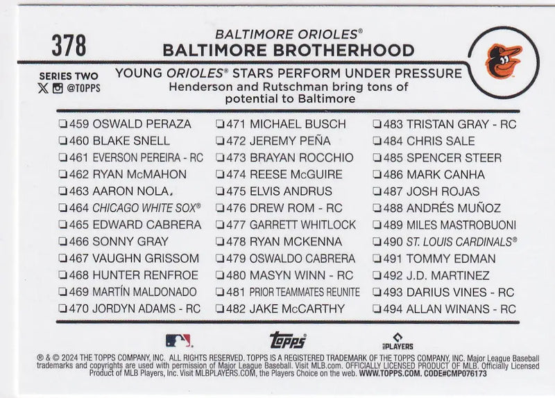 2024 TOPPS #378 BALTIMORE BROTHERHOOD- BALTIMORE ORIOLES - Baseball Card Single