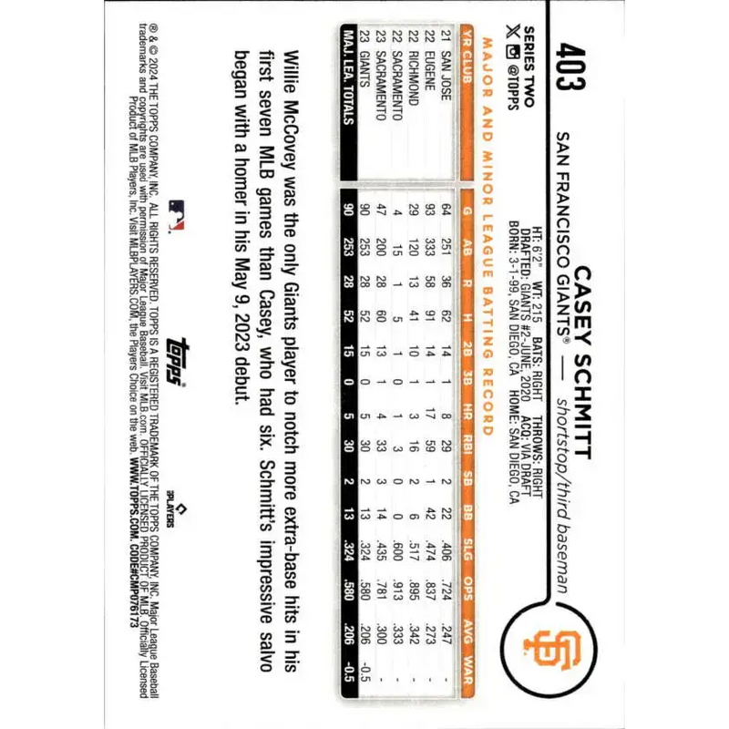 2024 Topps #403 Casey Schmitt NM-MT San Francisco Giants Baseball Card - Baseball Card Single