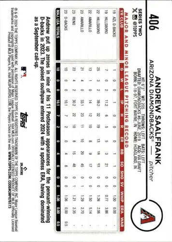 Original gloss baseball card of Andrew Saalfrank rookie Diamondbacks 2024 Topps #406
